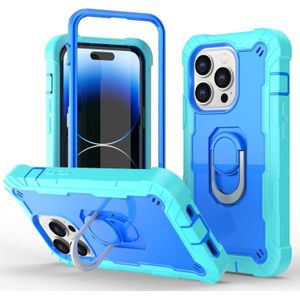 Voor iPhone 14 Pro tweekleurige ringhouder telefoonhoes (mintgroen + blauw)