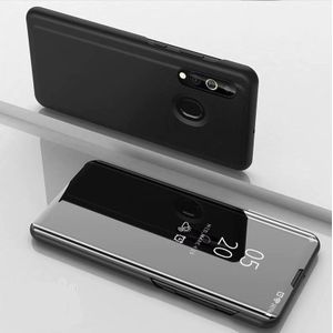 For Galaxy A20s Plated Mirror Left and Right Flip Cover with Stand Mobile Phone Holster(Black)