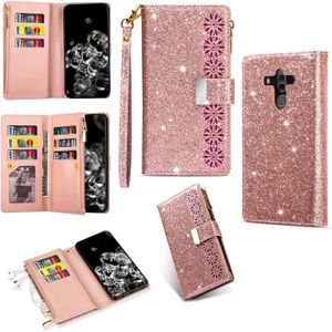 For Huawei Mate 10 Pro Multi-card Slots Starry Sky Laser Carving Glitter Zipper Horizontal Flip Leather Case with Holder & Wallet & Lanyard(Rose Gold)