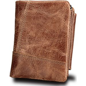 Genuine Cowhide Leather Crazy Horse Texture Zipper 3-folding Short Style Card Holder Wallet RFID Blocking Coin Purse Card Bag Protect Case for Men  Size: 12*9.5*4cm(Taupe)