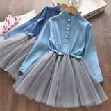 Girls Denim Jacket + Mesh Skirt Two Sets (Color:Dark Blue Size:120)