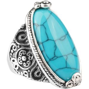 Fashion Vintage Oval Turquoise Flower Ring Women Antique Silver Jewelry  Ring Size:7(Blue)