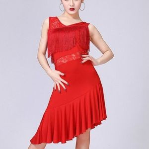 Latin Dance Dress Vrouwen Kwast Tango Dress Dance Skirt Dancewear  Maat:XL(Rood)