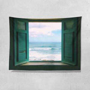 Sea View Window Background Cloth Fresh Bedroom Homestay Decoration Wall Cloth Tapestry  Size: 150x130cm(Window-7)
