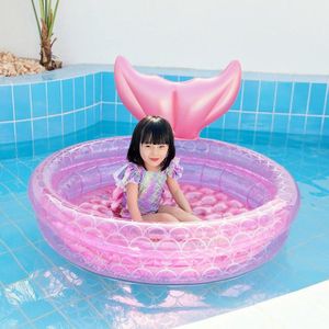 Inflatable Mermaid Shape Pool Home Children Baby Pink Round Swimming Pool Floating Air Cushion  Size: 90cm