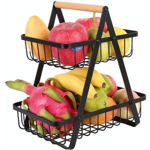 Double-Layer Portable Wrought Iron Basket Foldable Kitchen Storage Basket Shelf Fruit Basket(Black )