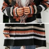 Geometrische jacquard lange sweaterjas kwastje gebreid vest met capuchon  maat: S
