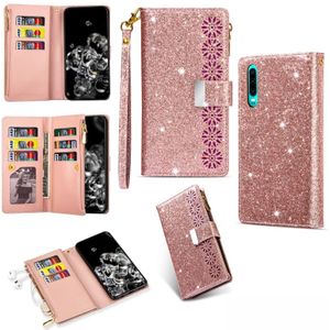 For Huawei P30 Multi-card Slots Starry Sky Laser Carving Glitter Zipper Horizontal Flip Leather Case with Holder & Wallet & Lanyard(Rose Gold)