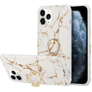 For  iPhone 13 Pro Four Corners Shocproof Flow Gold Marble IMD Back Cover Case with Metal Rhinestone Ring(White)
