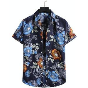 Summer Casual Chelsea Collar Flower Print Pattern Short-sleeved Shirt for Men (Color:Blue Size:L)