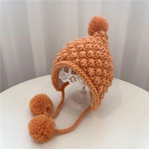Hand-Woven Children Knitted Ear Protection Hat Autumn and Winter Thickened Baby Pineapple Grain Woolen Hat  Size: 48-53cm Head Circumference(Orange)