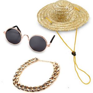 Fashion Cool Funny Pet Accessories Sunglasses Vintage Straw Hat Dog Gold Necklace Bell Collar Cat Tie  Size: Three-Piece