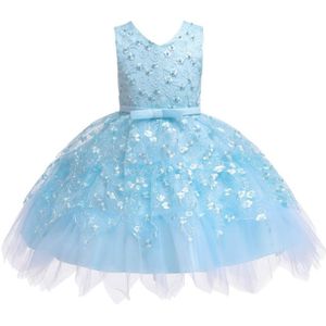 Girls Irregular Embroidered Beaded Bow-knot Tutu Sleeveless Dress Show Dress  Appropriate Height:120cm(Sky Blue)