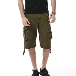 Summer Multi-pocket Solid Color Loose Casual Cargo Shorts for Men (Color:Army Green Size:36)