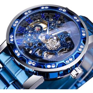 Winnaar Leisure Skeleton Diamond Luminous Pointer Horloge Mannen Handmatig Mechanisch Horloge (Blauwe Riem Zilver Shell Blauw Gezicht)