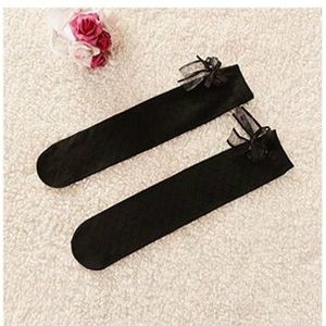 3 Pairs Children's Tube Socks Mesh Bow Princess Socks Square Grid Over Knee Socks  Size:43cm(black)