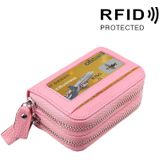 Genuine Cowhide Leather Dual Layer Solid Color Zipper Card Holder Wallet RFID Blocking Coin Purse Card Bag Protective Case with 11 Card Slots & Coin Position  Size: 11*7.5*4.5cm(Pink)
