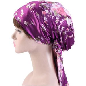 2 PCS TJM-226 Ladies Satin Print Ribbon Bow Turban Hat Night Cap Silk Chemotherapy Hat Long Tail Braid Hat(Purple)