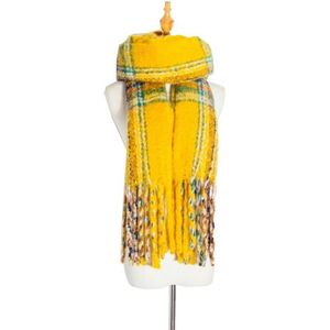 Autumn & Winter Polyester Ladies Warmth Thickened Fringed Fine Grid Scarf  Size:190cm(GWB12-05 Yellow)