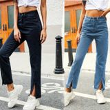Vrouwen Solid Color Split Slanke jeans (Kleur: Zwart Maat: L)