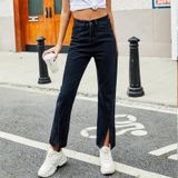 Vrouwen Solid Color Split Slanke jeans (Kleur: Zwart Maat: L)