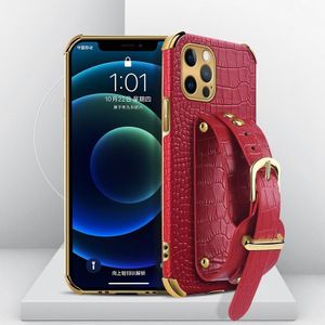 Electroplated TPU Crocodile Pattern Leather Case with Wrist Strap For iPhone 12 Pro(Red)