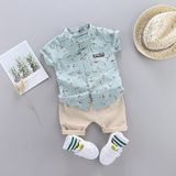 Summer Childrens Short-sleeved Suit Shirt Two-piece Suit (Color:Light Green Size:80)