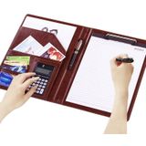 Office Supplies Business Style Leather Document Folder with 30-pages A4 Note Pad & Calculator (Dark Brown)