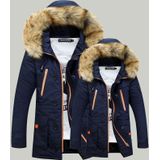 Long Section Cotton Suit Men Plus Velvet Thick Warm Jacket Large Fur Collar Coat Lovers Jacket  Size:XXXXXL(Navy)