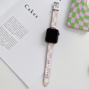Afslanken Checkerborder Lederen Vervanging Strap Horlogeband voor Apple Watch Series 7 45 mm / 6 & SE & 5 & 4 44mm / 3 & 2 & 1 42mm (Paars)