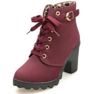 Fashion Square High Heels Solid Color Sneakers Women Snow Boots  Shoe Size:35(Red Wine)