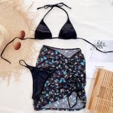 3 in 1 Lace-up Halter Backless Bikini Ladies Split Swimsuit Set with Butterfly Pattern Mesh Short Skirt (Color:Black Size:L)
