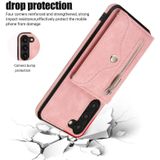 For Samsung Galaxy S23 Ultra 5G Zipper RFID Card Slots Phone Case with Short Lanyard(Rose Gold)