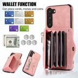 For Samsung Galaxy S23 Ultra 5G Zipper RFID Card Slots Phone Case with Short Lanyard(Rose Gold)