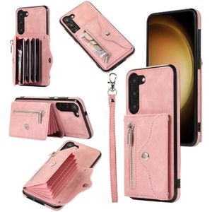 For Samsung Galaxy S23 Ultra 5G Zipper RFID Card Slots Phone Case with Short Lanyard(Rose Gold)
