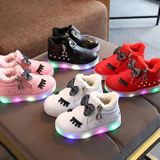Kids Shoes Baby Infant Girls Eyelash Crystal Bowknot LED Luminous Boots Shoes Sneakers  Size:23(Black)