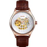 SKMEI 9209 Men Business Automatic Mechanical Watch Round Hollow Dial Leather Watchband Watch(Rose Gold Silver)