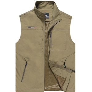 Men Sleeveless Stand Collar Loose Vest Multi-pockets Vest (Color:Khaki Size:XL)