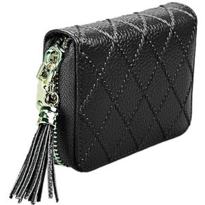 Genuine Cowhide Leather Grid Texture Zipper Card Holder Wallet RFID Blocking Card Bag Protect Case Coin Purse with Tassel Pendant & 15 Card Slots for Women  Size: 11.1*7.9*3.5cm(Black)