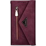 Voor Samsung Galaxy S10e Skin Feel Zipper Horizontale Flip Lederen case met Holder & Card Slots & Photo Frame & Lanyard & Long Rope(Wine Red)