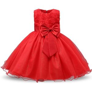 Red Girls Sleeveless Rose Flower Pattern Bow-knot Lace Dress Show Dress  Kid Size: 130cm