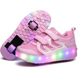 WS01 LED-licht Ultra Licht Mesh oppervlak oplaadbare dubbel wiel rolschaatsen schoenen sportschoenen  grootte : 31 (roze)