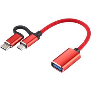 USB 3.0 Female to Micro USB + USB-C / Type-C Male Charging + Transmission OTG Nylon Braided Adapter Cable  Cable Length: 11cm(Red)