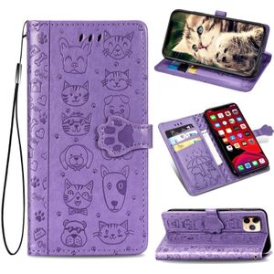 Voor iPhone 11 Pro Cute Cat and Dog Embossed Horizontal Flip PU lederen hoes met houder / kaartsleuf / portemonnee / Lanyard (Paars)