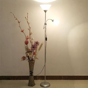 Double Head LED Eye Protection Mother and Son Floor Lamp Living Room Bedroom Bedside Vertical Table Lamp CN Plug  Power:5 + 9 w(Silver)
