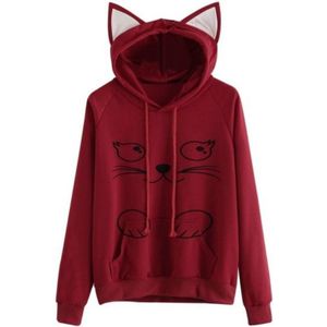 Effen zwarte hooded top cute cat hoodie warme Womens sport trui  maat: L (wijn rood)
