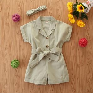 Girls Short-sleeved Single-breasted Jumpsuit (Color:Lake Green Size:130)