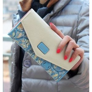 Long Leather Floral Pattern Wallets Coin Purses Money Bag for Women(Blue)