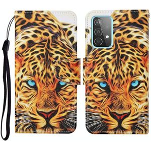 For Samsung Galaxy A52 5G / 4G Colored Drawing Pattern Horizontal Flip Leather Case with Holder & Card Slots & Wallet & Lanyard(Yellow Leopard)