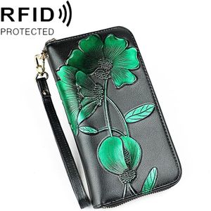907 Antimagnetic RFID Women Flower Pattern Large Capacity Hand Wallet Purse Phone Bag with Card Slots(Green)